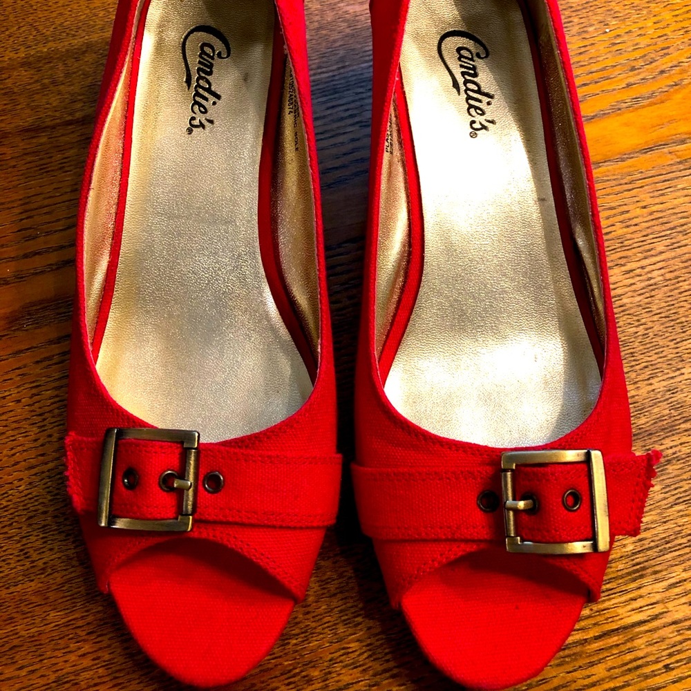 Candie’s Red Open Toe Wedge